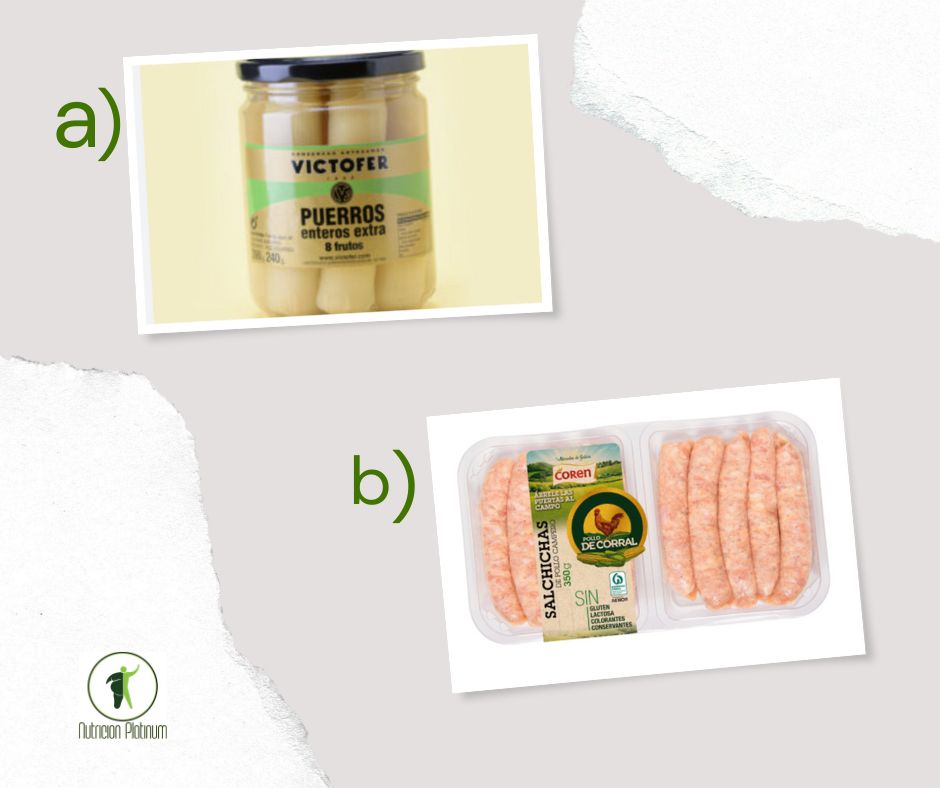 Puerros en conserva con salchichas de pollo.